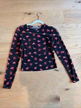 Alice + Olivia Black Sheer Lip-Print Long Sleeve Top